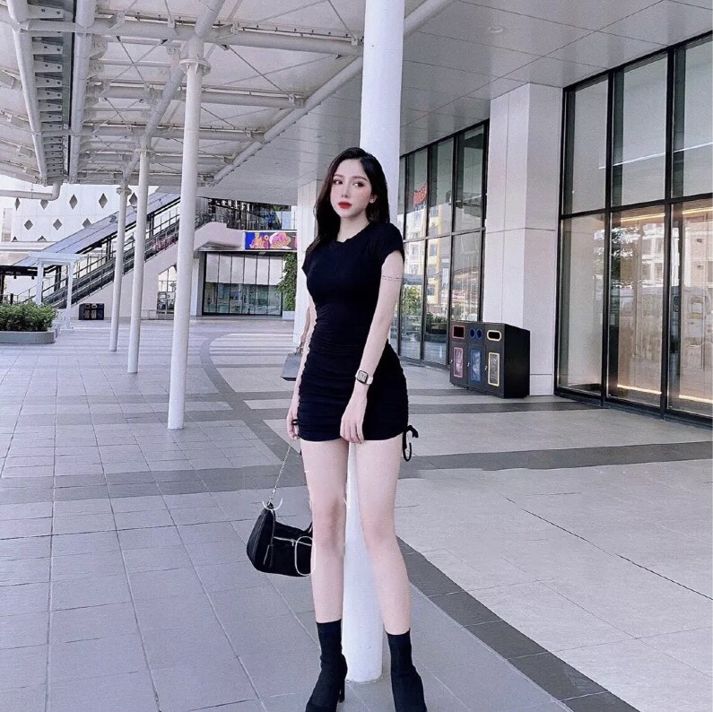 Đầm body cổ tròn dây rút siêu tôn dáng hd009