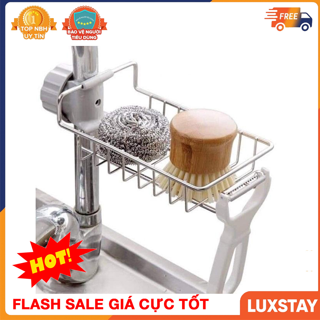 Kệ đa năng - Khay rổ gắn vòi nước bồn rửa chén, giá thép sơn tĩnh điện không rỉ treo vòi lavabo, nhà tắm, chậu rửa bát, toilet để đồ đa năng ráo nước mút bọt biển, bông tắm, dao bào