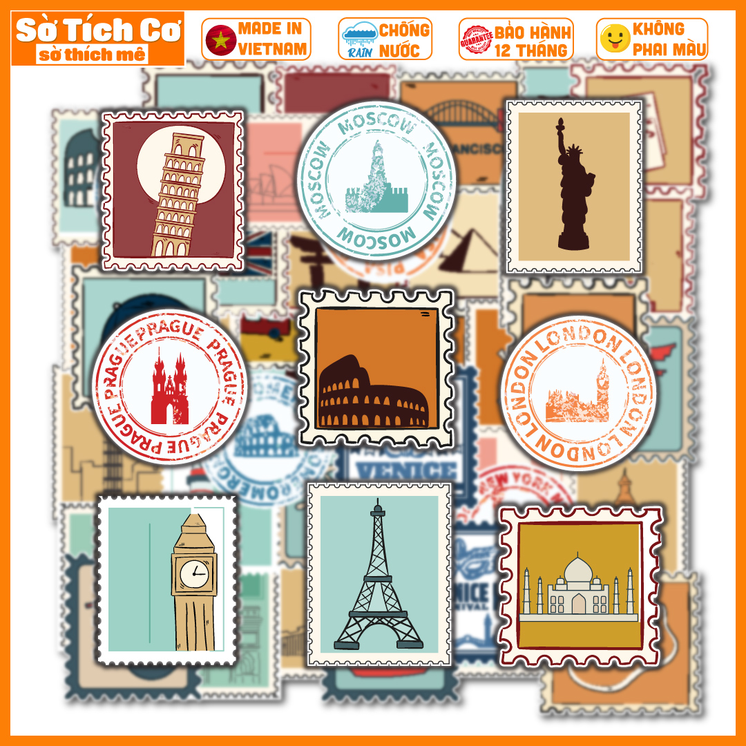 Bộ 50 Sticker Retro Stamp dán điện thoại laptop nón bảo hiểm guitar vali MSP: V14