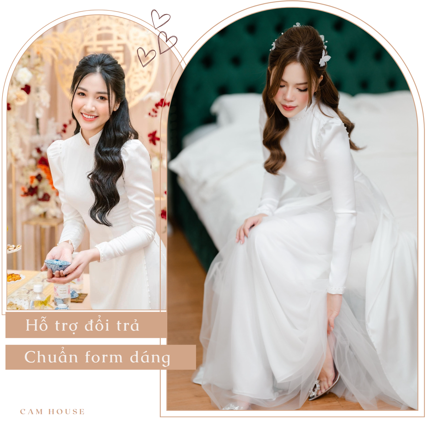 Áo dài cưới cô dâu lụa ngọc trai 4 tà tay bồng