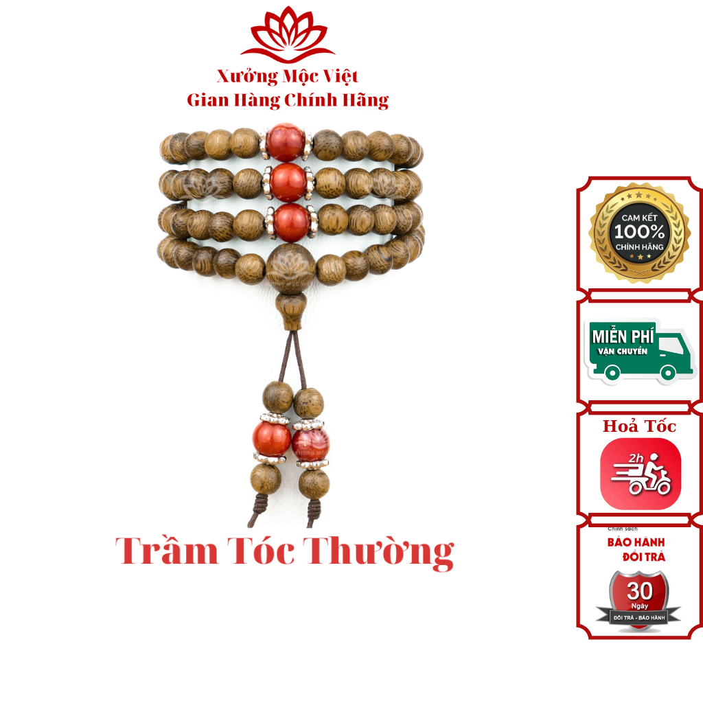 Vòng tay trầm hương chuỗi 108 hạt mix đá tự nhiên Xưởng Mộc Việt - Trầm tóc thường size 6/7/8mm mang lại may mắn bình an cho người đeo