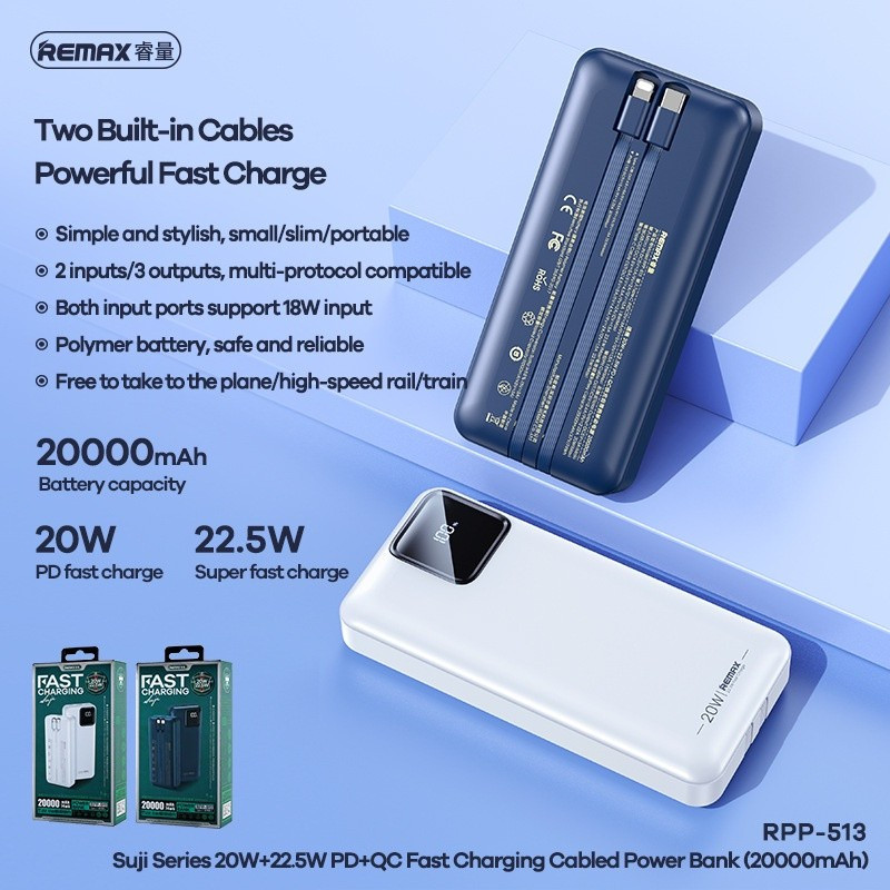 Pin sạc dự phòng dung lượng khủng remax rpp513 20.000mah kèm 2 đầu sạc nhanh - pin sạc nhanh pd 22,5w - có đèn led báo dung lượng pin - kèm 2 đầu sạc - pin sạc dự phòng remax