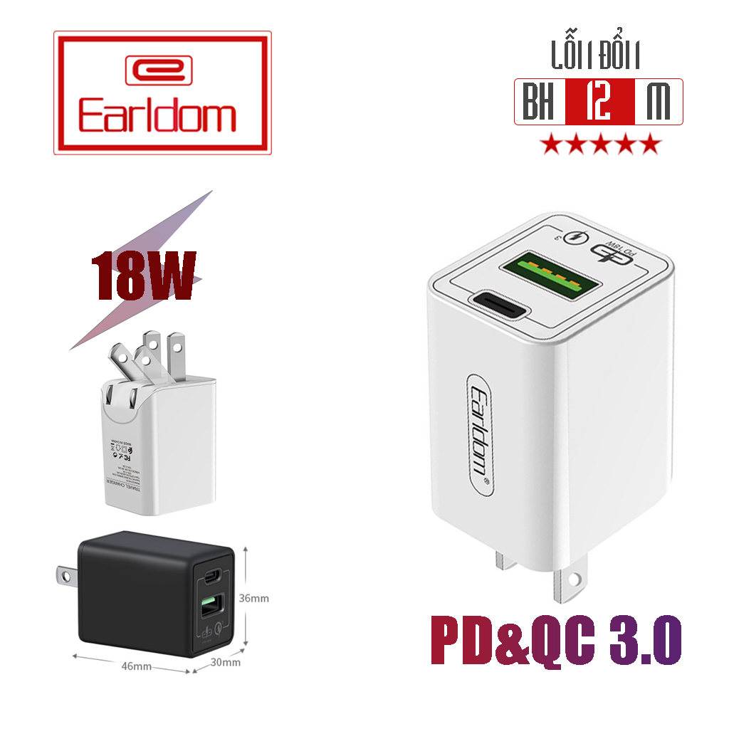 Củ Sạc Nhanh Earldom KC21 Quick Charge 3.0 và Type C Sạc Nhanh Iphone Samsung iOS android  - Bảo Hành Chính Hãng Lỗi 1 Đổi 1