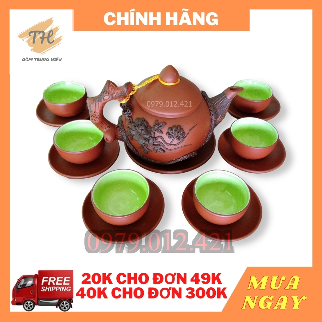 [Sale Sốc] Bộ ấm chén Tử Sa Bát Tràng đắp nổi phù dung đen đỏ