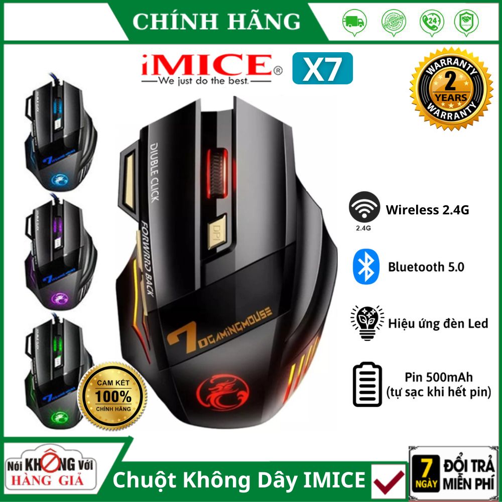 Chuột không dây Gaming Bluetooth iMICE X7 Kết nối bluetooth 5.0 Pin 500mAh tự sạc pin cao cấp Độ nhạy cao Chuột cao cấp Chuột không dây chính hãng Chuột chơi game Bảo hành 24 tháng