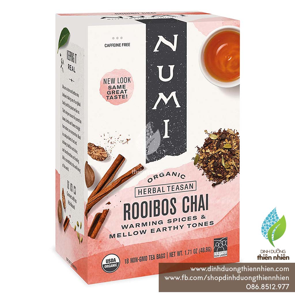 Hồng trà hữu cơ kết hợp cùng thảo mộc numi organic tea rooibos chai, hộp nguyên 18 gói