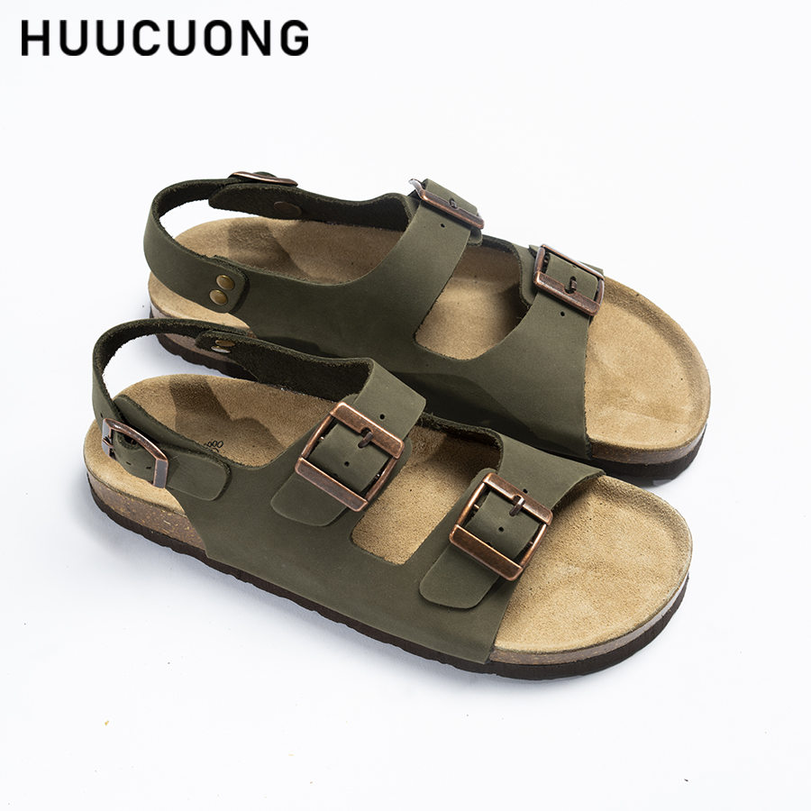 Giày Sandal Unisex 2 khóa da bò rêu đế trấu
