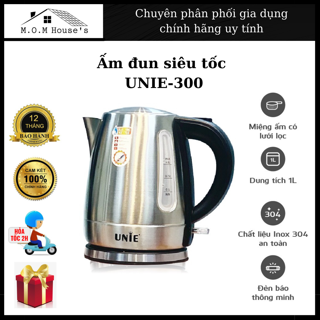 Ấm siêu tốc unie 300 - thể tích 1 lít - công suất 1850w - inox 304 an toàn - bảo hành 12 tháng - có vạch chia mực nước