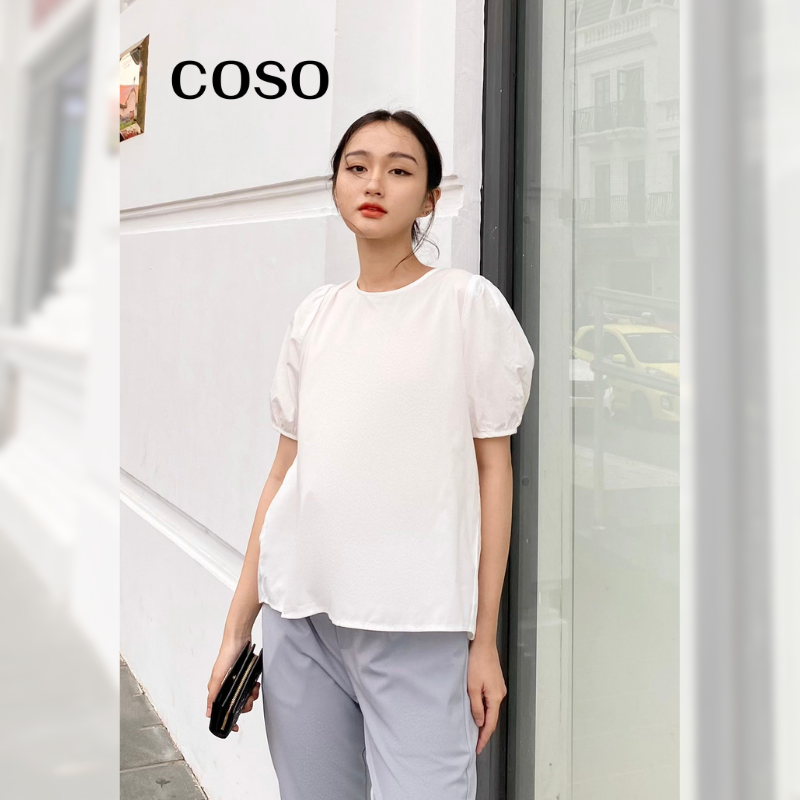 Áo sơ mi nữ coso công sở kiểu cổ tròn tay bồng form rộng thoải mái csa05