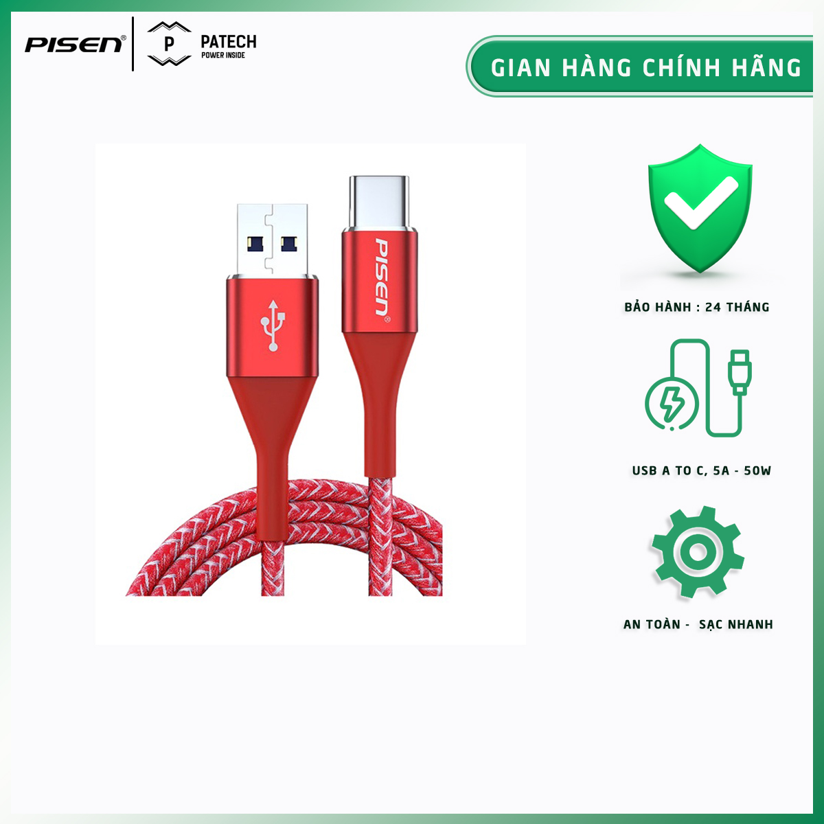 [20H 6/7 - 9.7 Nhập 77LAZSOCIAL80K Voucher giảm 12% đơn từ 250K tối đa 80K]Cáp sạc nhanh PISEN Type-C  Coloful Pro fully compatible 5A, công suất sạc 50W, model: LS-TC09-2000, bảo hành 24 tháng - Hàng chính hãng