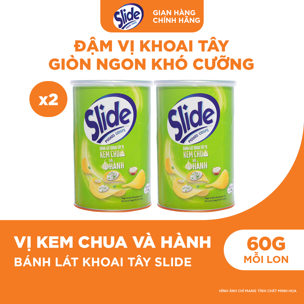 Combo 2 Lon Bánh Lát Snack Khoai Tây Slide Vị Kem Chua  Hành 60g