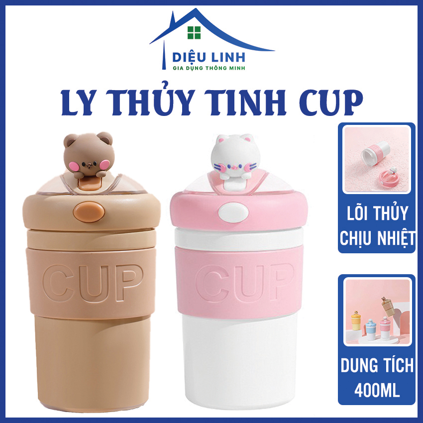 Bình nước thủy tinh 400ml nắp thú dễ thương có ống hút silicon bọc cao su chống nóng Dieulinhshop