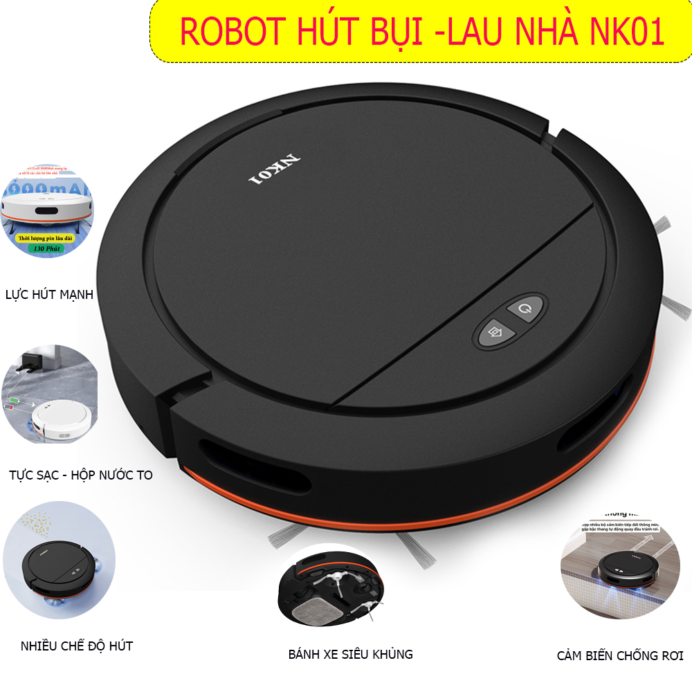Robot Hút Bụi Lau Nhà NK01, máy hút bụi - chế độ lau khô, lau ướt, tự động sạc khi gần hết pin. Nhiều chế độ hút. Dễ dàng làm sạch các vị trí như gầm giường, gầm ghế. Bảo hành 12 tháng( 1 đổi 1).