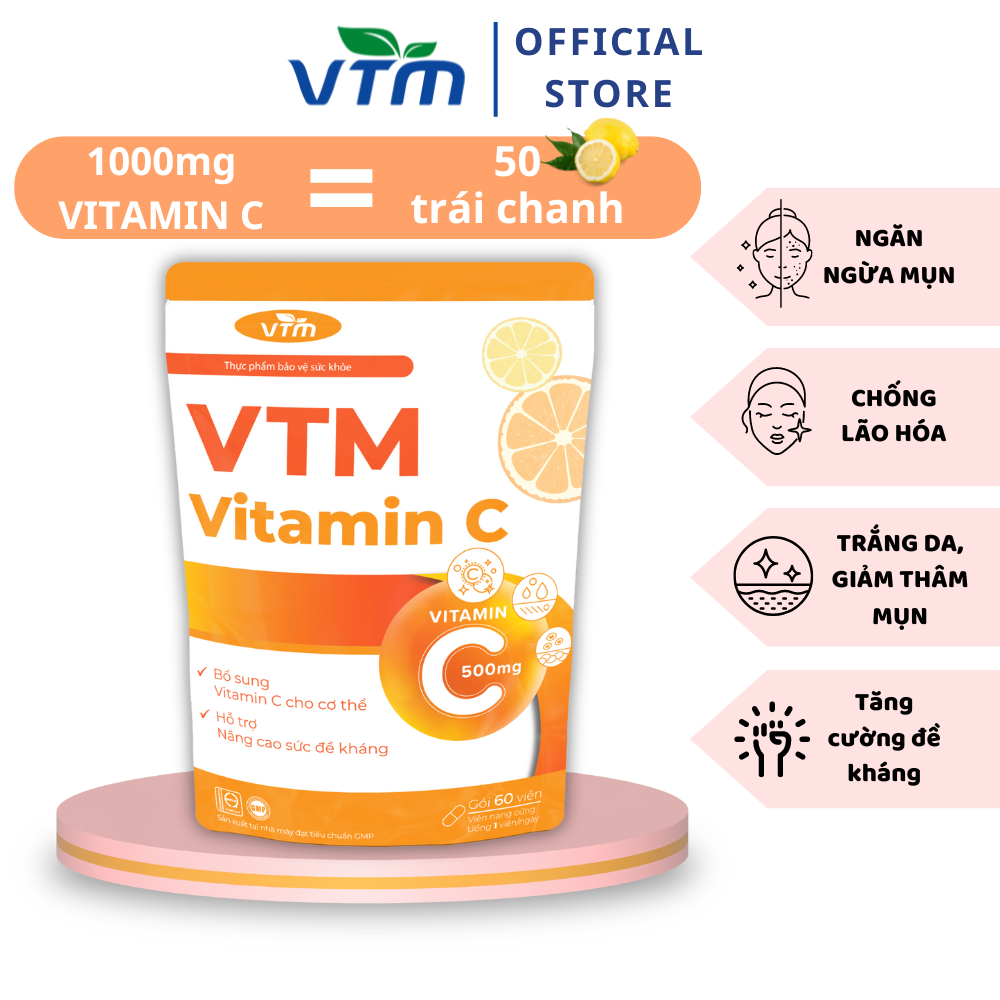 Viên uống trắng da VTM bổ sung Vitamin C, Glutathione giúp sáng da, mờ thâm, giảm nám, tăng cường đề kháng