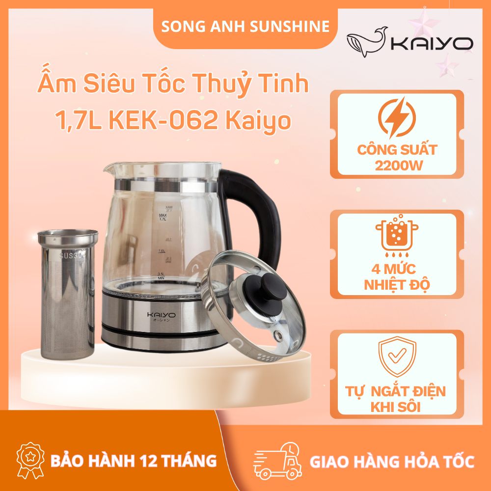 Kaiyo Kek-062 1.7L Glass Kettle with Free Tea Filter - 2200W Capacity, 4 Temperature Settings, Automatic Shut-Off When Boiling, 12-Month Warranty