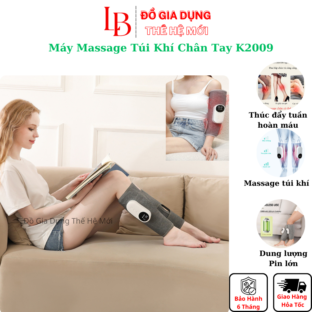 Máy massage bắp chân túi khí chườm nóng xoa bóp K2009, giảm đau mỏi, tê bì, lưu thông khí huyết sau chạy bộ