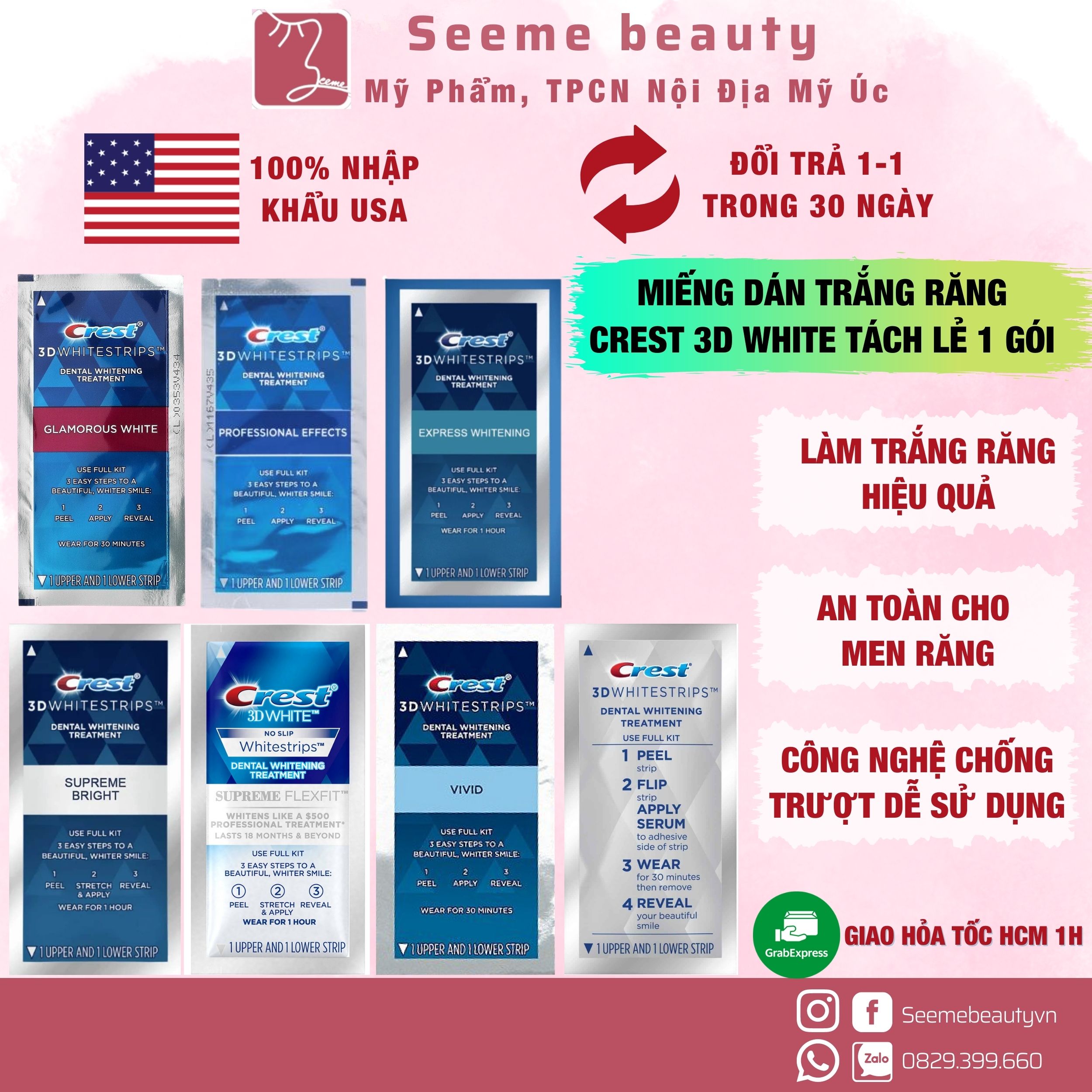 Miếng dán trắng răng Crest 3D White - Mỹ Seeme Beauty