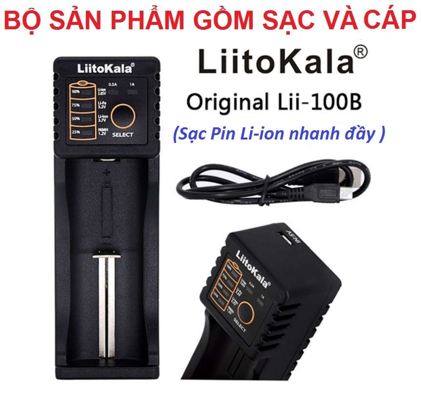 Bộ sạc pin đơn LiitoKala Lii-100B đa năng cao cấp - sạc Pin nhanh đầy - sạc các loại pin Li ion 18650, 18350, 17670, 17500, 16340, 14500, 10440