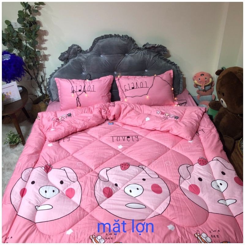 (Xu hướng) Trọn bộ 5 món ga gối chăn phao mẫu Heo Tròn poly cotton có ruột bông dày loại 1 ( nhắn chọn mẫu )