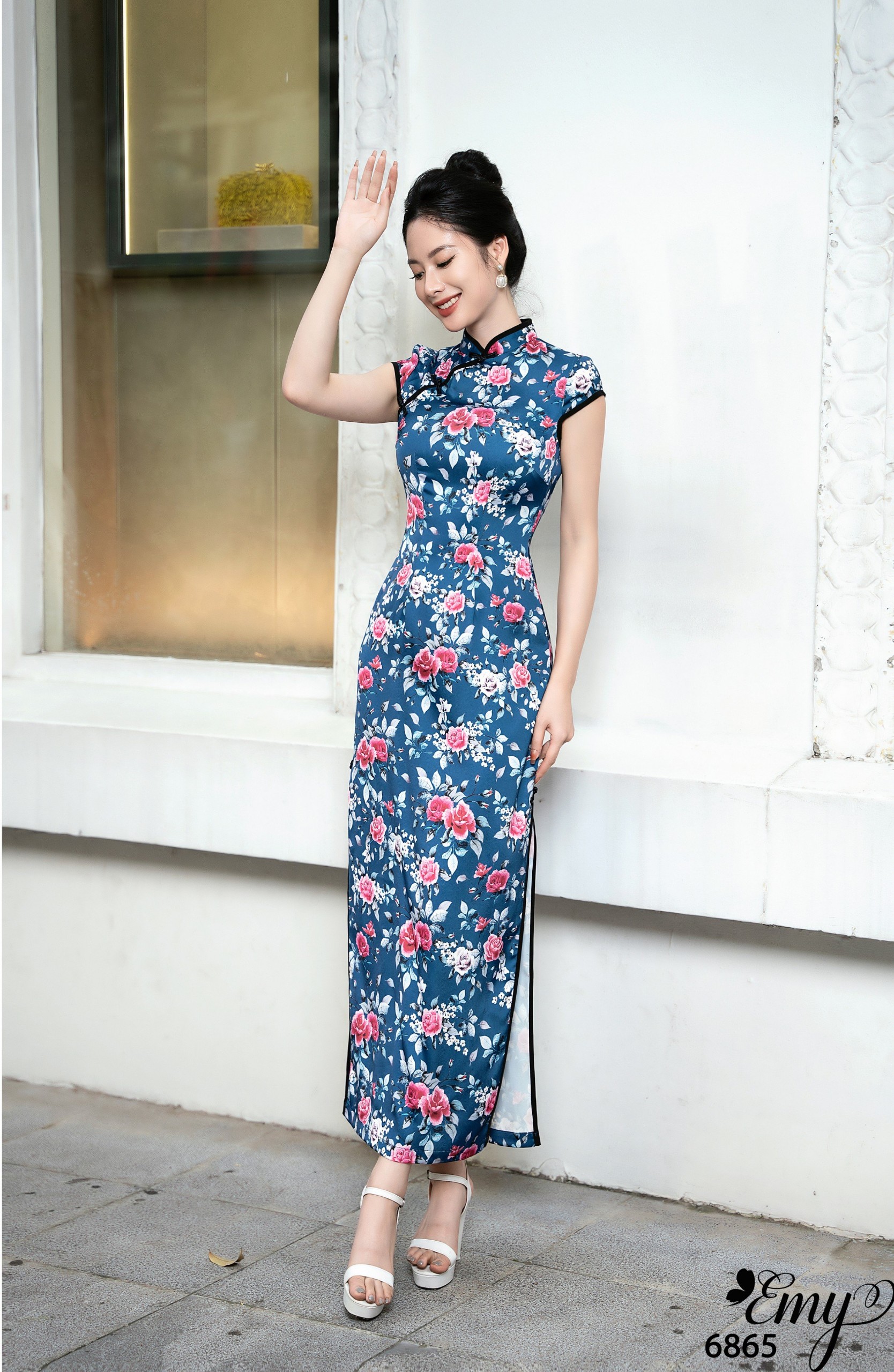 Emy em6865 sườn xám xanh đen