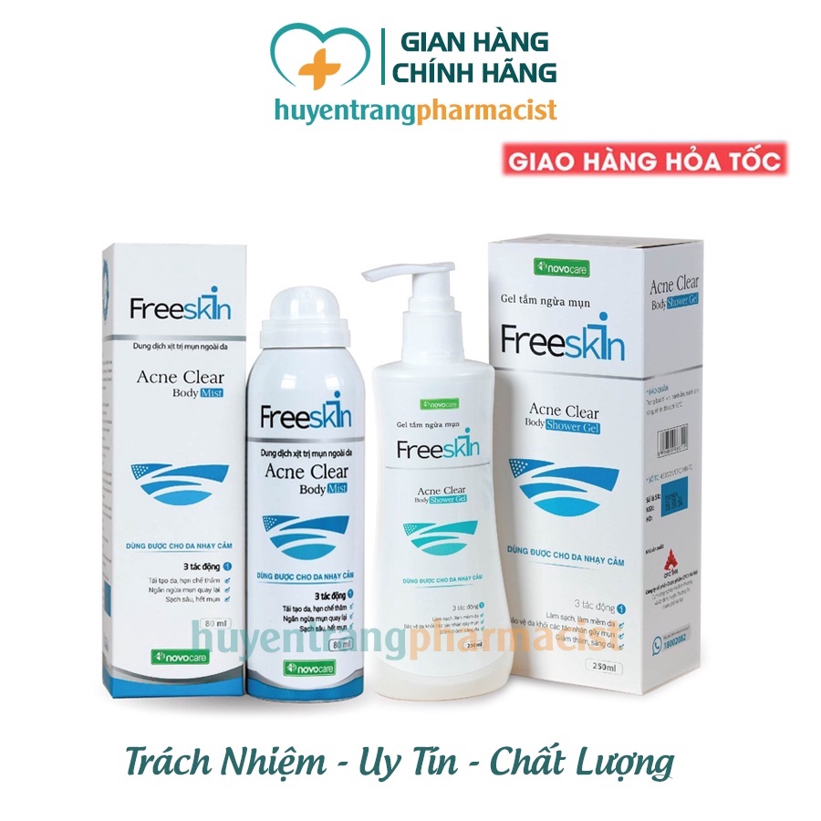 Xịt mụn Freeskin, Gel tắm ngừa mụn Freeskin Acne Clear Giảm Thâm, Làm Sáng, Ngừa Mụn