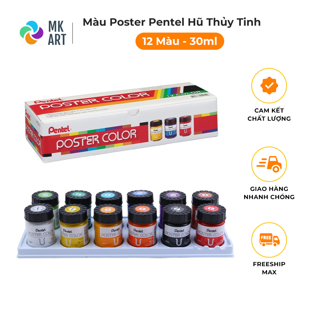 Màu Poster Color Pentel 12 màu Hũ thủy tinh 30ml