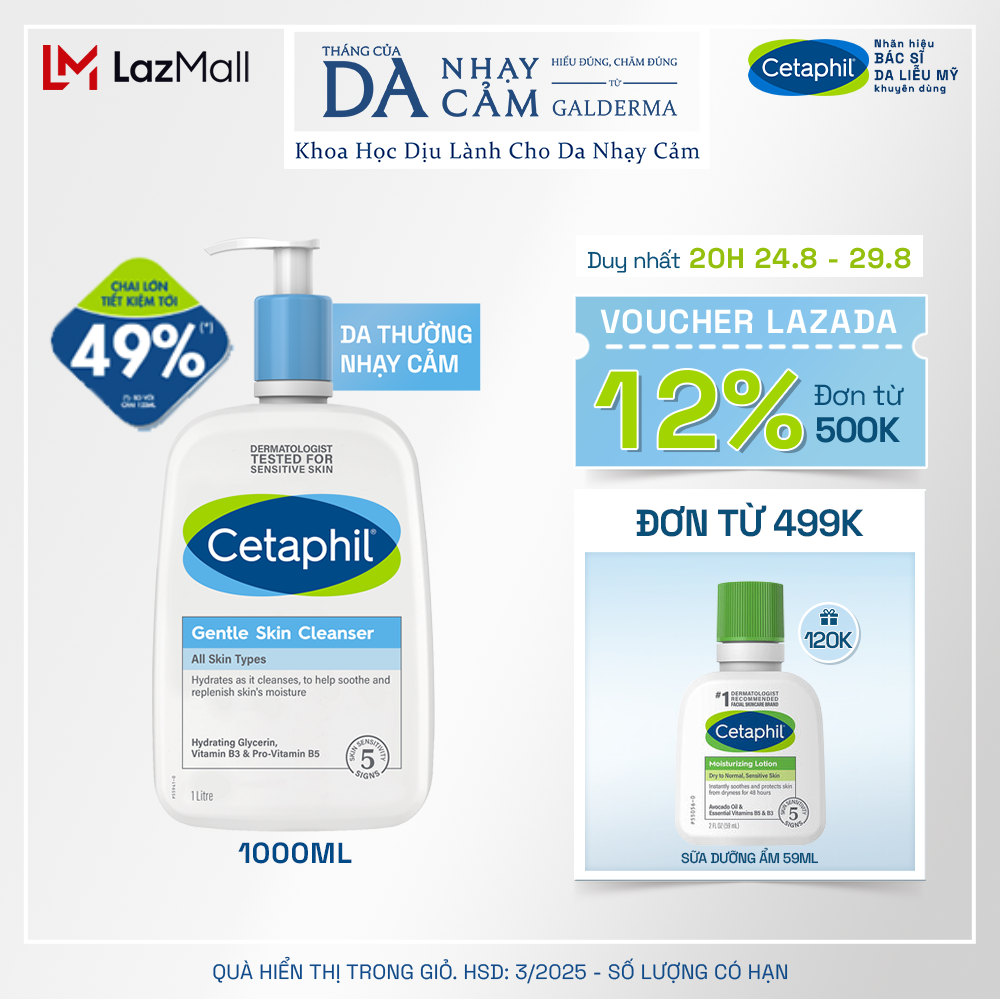 Sữa rửa mặt dịu lành cho da nhạy cảm Cetaphil Gentle Skin Cleanser 1000ml
