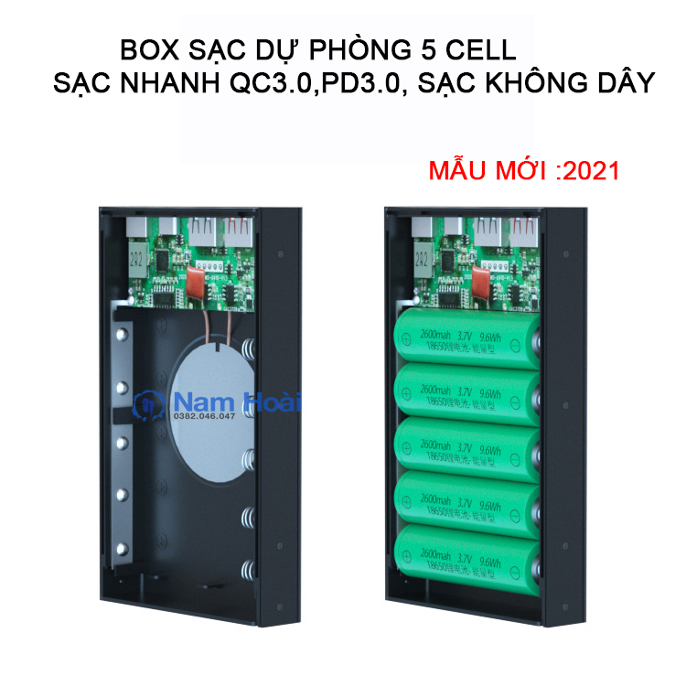 Box sạc dự phòng 5 cell sạc nhanh qc 3.0, pd 3.0, không dây 15w
