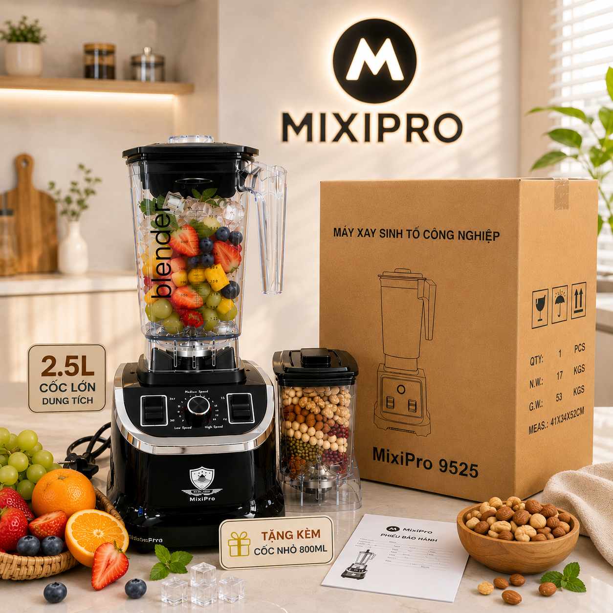 Mixipro Sc-9525 Blender – 1300W Smooth Ice Blender |   High Quality Shatter-Resistant Mortar |   Free Small Jar 800ml |   Multifunctional Household Blender