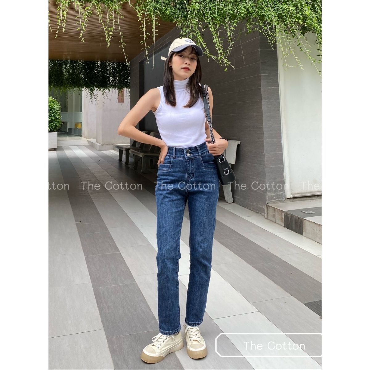 Quần Jean Ống Đứng Nữ Lưng Cao Co Giãn TheCotton Quần Bò Ống Đứng 2 Cúc Nữ ẢNH THẬT