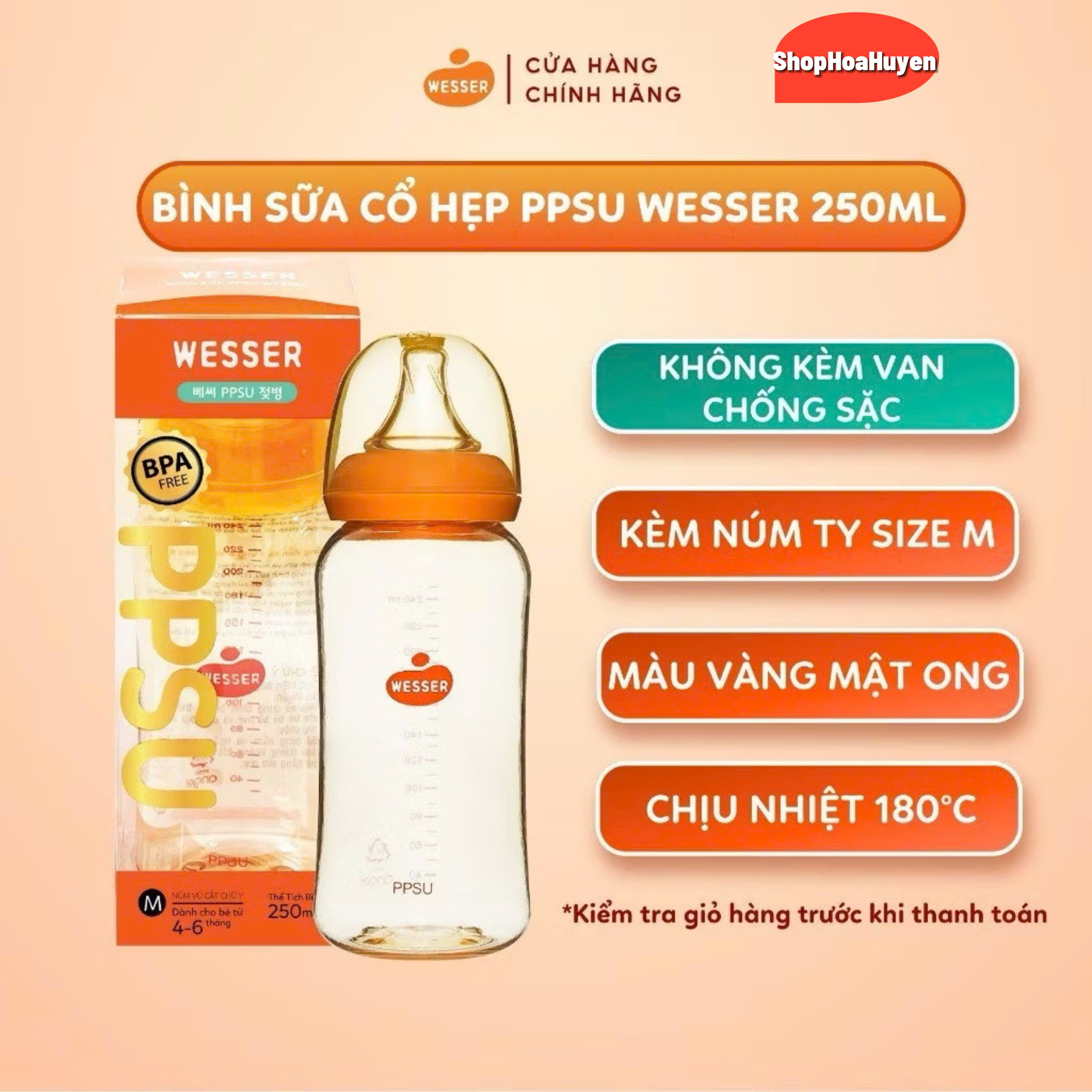 Bình sữa Wesser cổ hẹp PPSU Và PP 60ml , 140ml ,250ml hàng chính hãng , Bình sữa cho bé sơ sinh