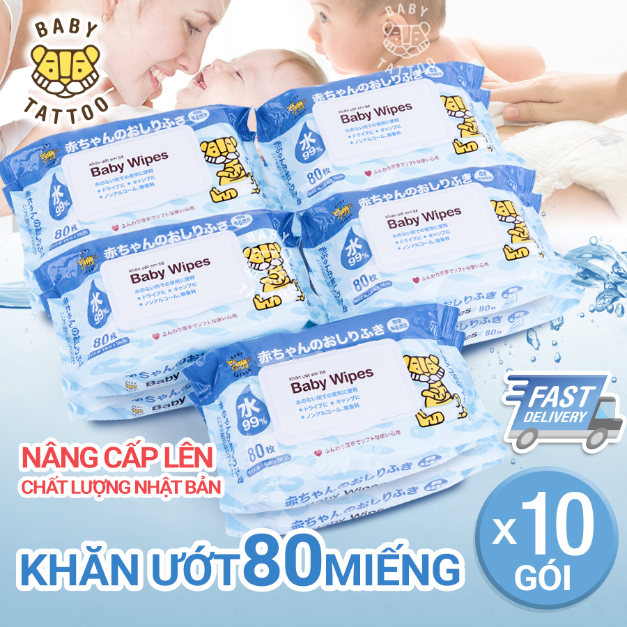 Combo 10 gói khăn giấy ướt baby tattoo cho bé không mùi, gói 80 miếng