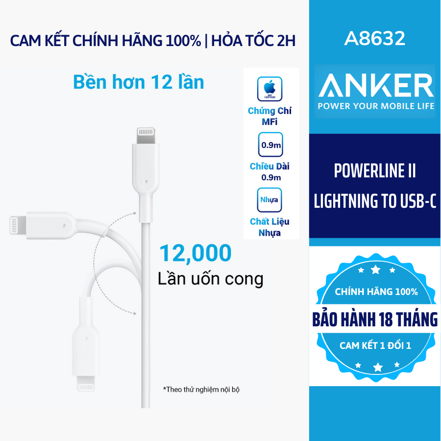 Cáp sạc ANKER PowerLine II Lightning to USB-C dài 0.9m - A8632 A8832