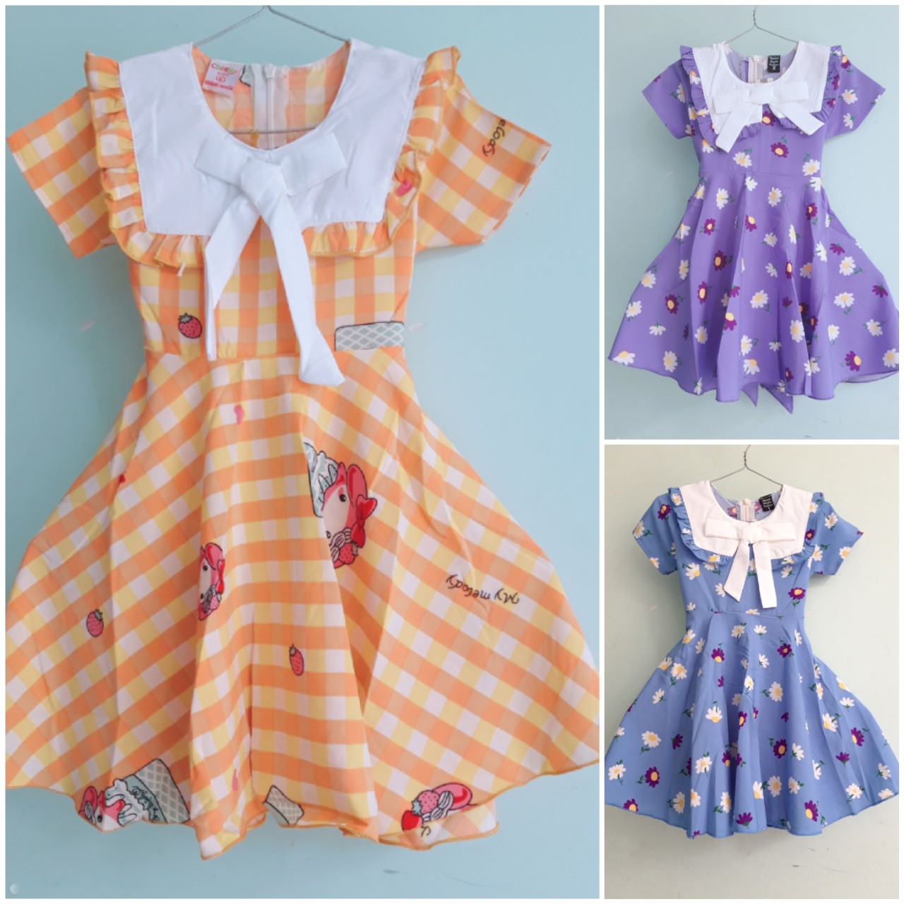 Váy công chúa | Đầm xòe bé gái 8-28kg | đầm tết cho bé gái | cổ tròn có nơ | dây cột eo | họa tiết dễ thương | chất vải kate thun mịn mát | KIM SHOP 2020