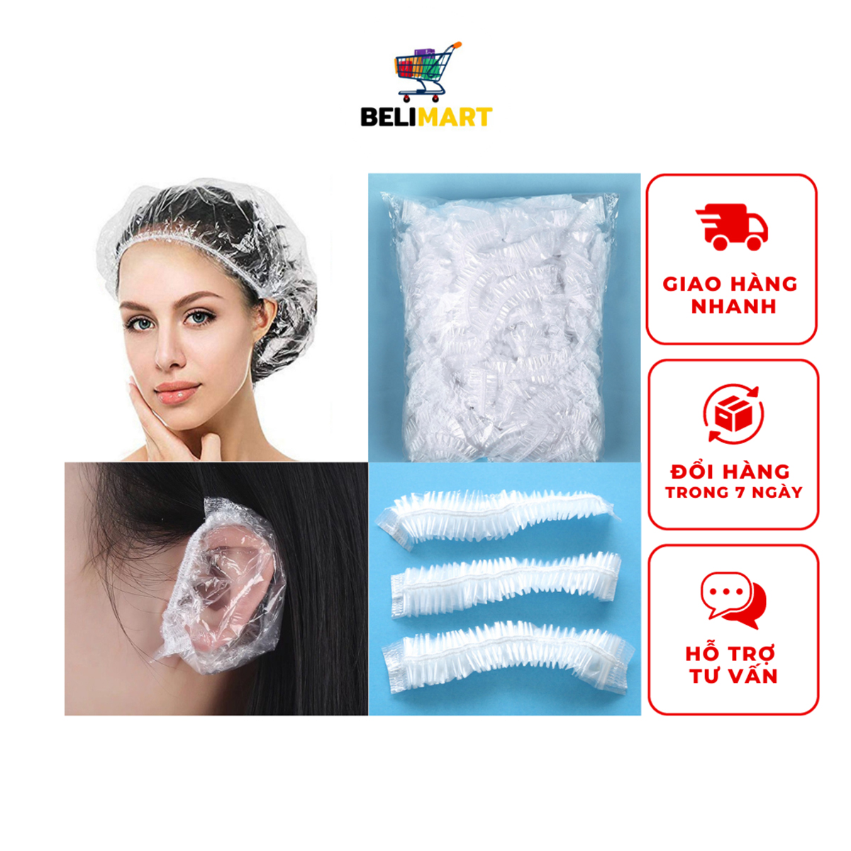 Combo mũ trùm đầu và chụp tai nhuộm tóc dùng 1 lần, mũ tắm chống ướt tóc, bao trùm tai khi tắm BELIMART BL054 và PK86