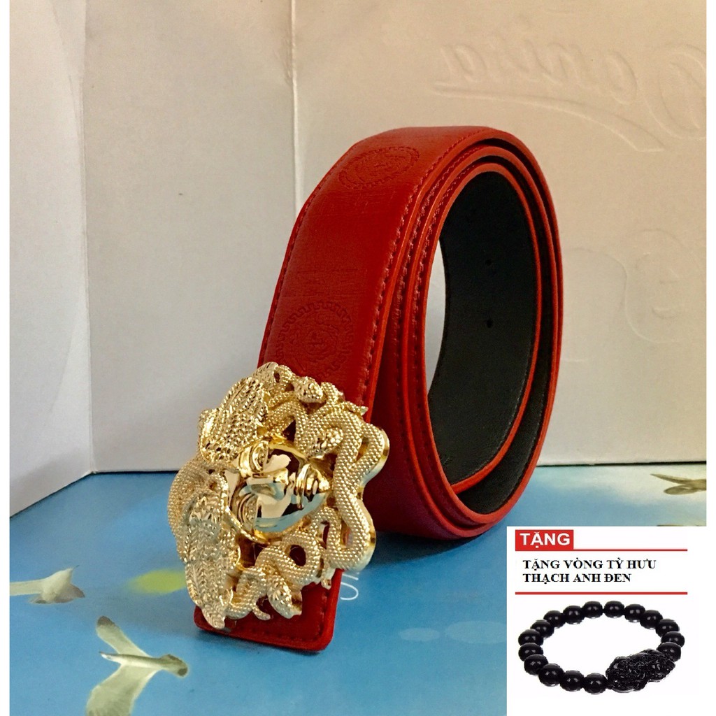 Dây nịt nam thắt lưng nam da thật mặt rắn chạm TLRR1 (Đỏ, ảnh thật) TẶNG Vòng tỳ hưu thạch anh đen