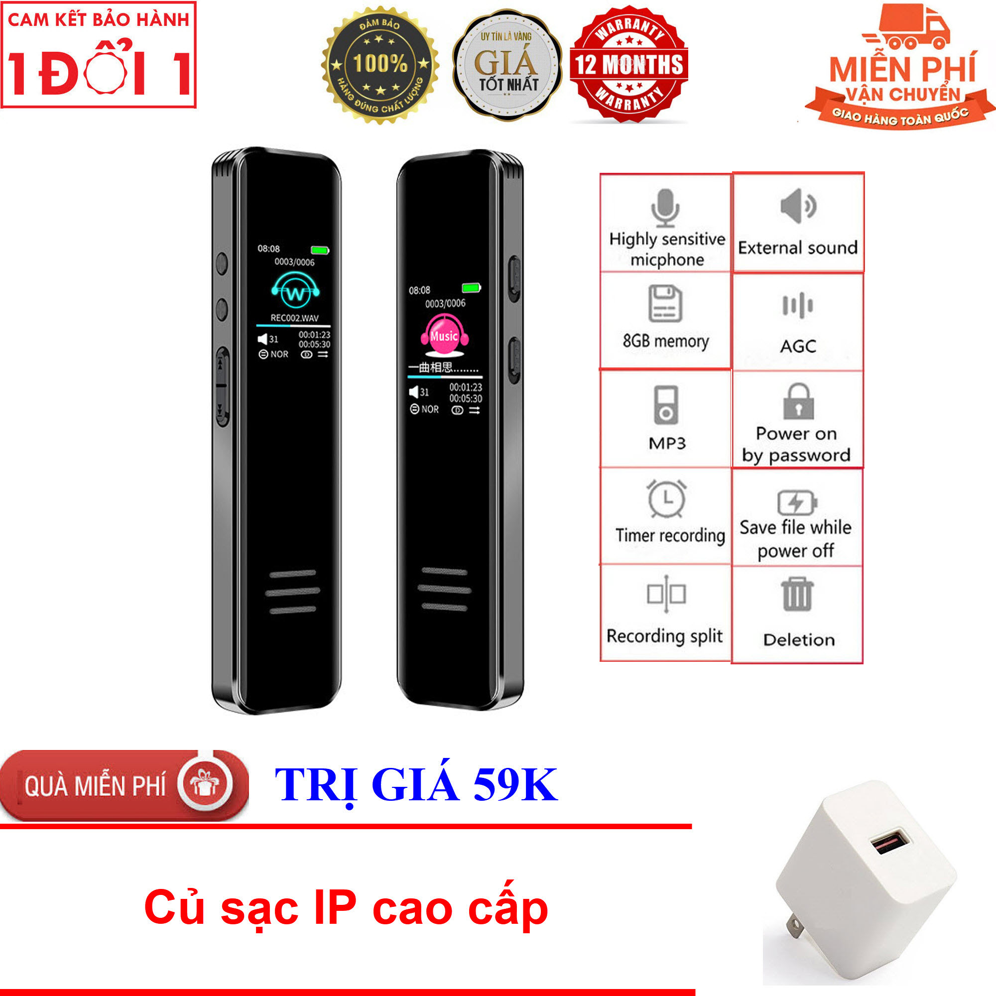 Máy Ghi Âm Chuyên Nghiệp 299IPS Bộ Nhớ Trong 8GB - Bộ nhớ trong 8GBMáy ghi âm kỹ thuật số 3072KBPS Giảm tiếng ồn thông minh Máy ghi âm chất lượng cao MP3 - Màn hình màu gương gương 5D - Hỗ trợ học Tiếng Anh