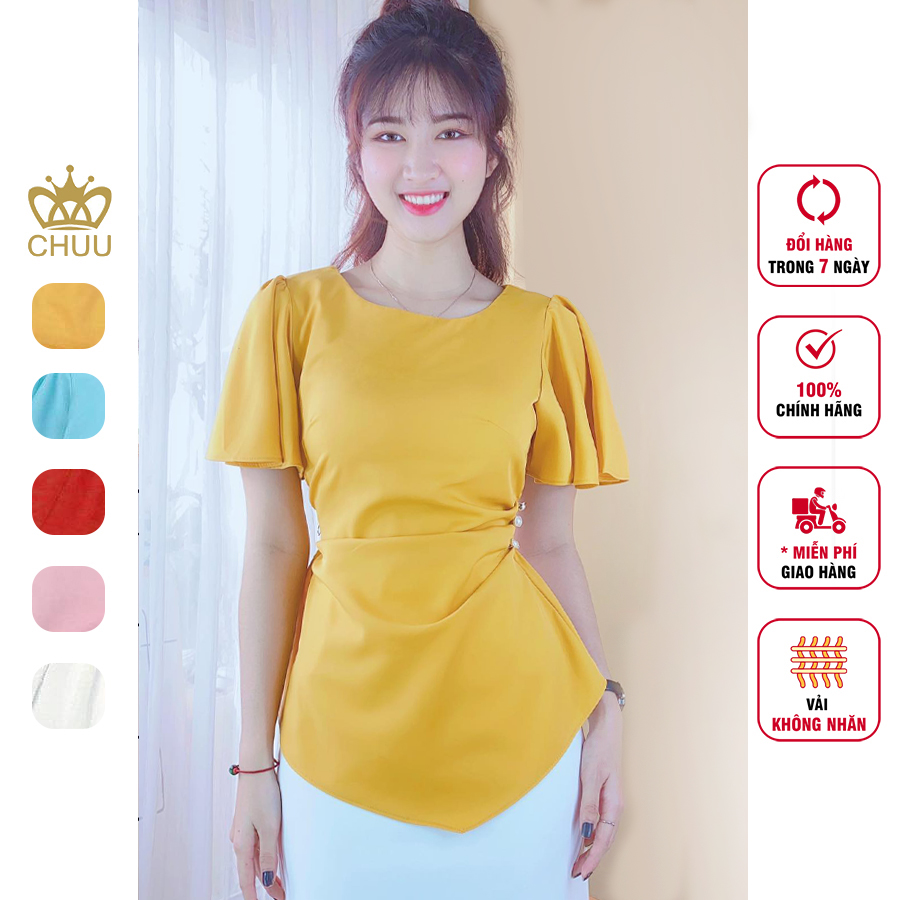 Áo kiểu công sở nữ freesize, áo peplum che bụng xếp eo đính nút ngọc vạt nhọn tay phồng CHUU A5686
