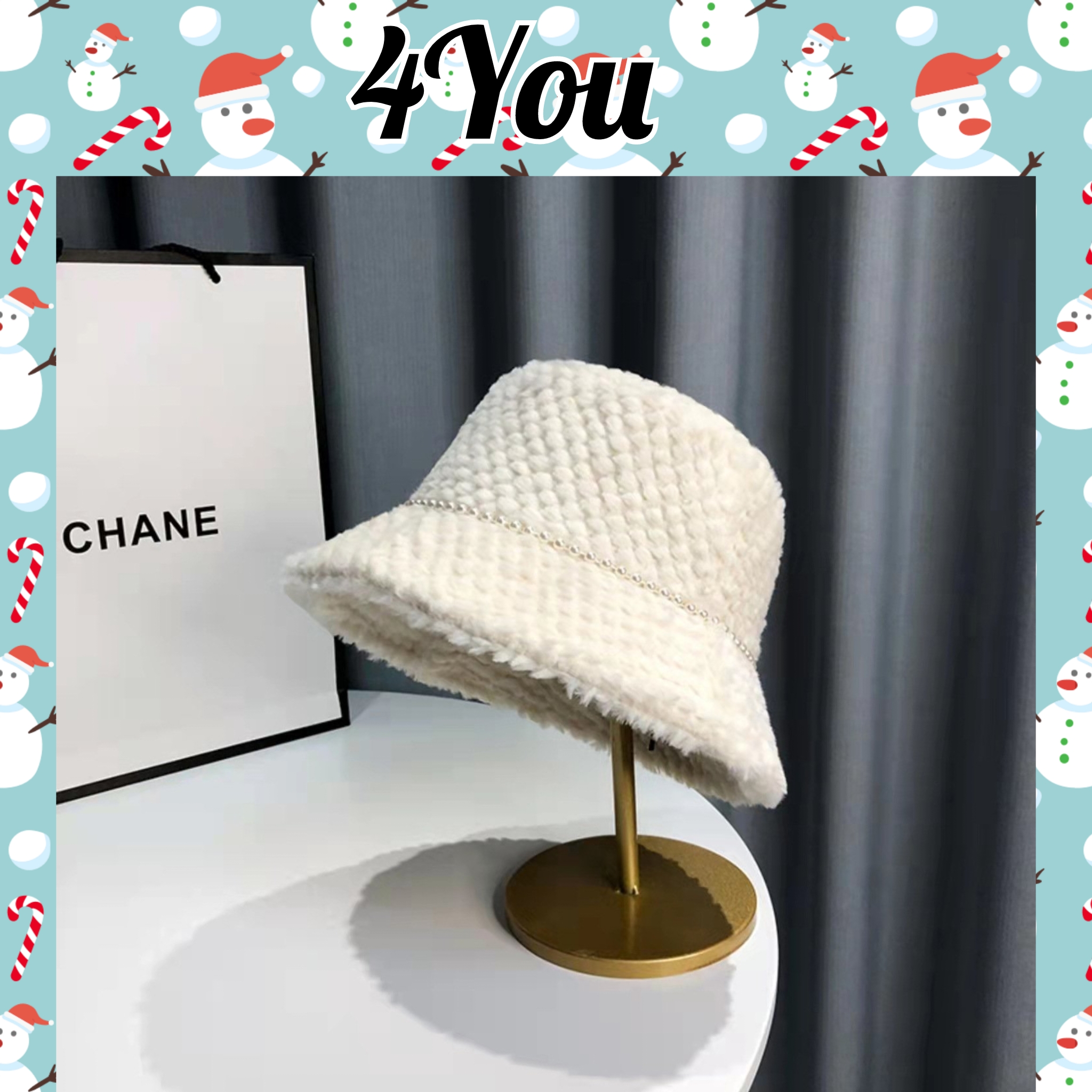 Nón Bucket phủ lông thỏ có vòng ngọc trai thời trang thu đông phong cách Hàn Quốc