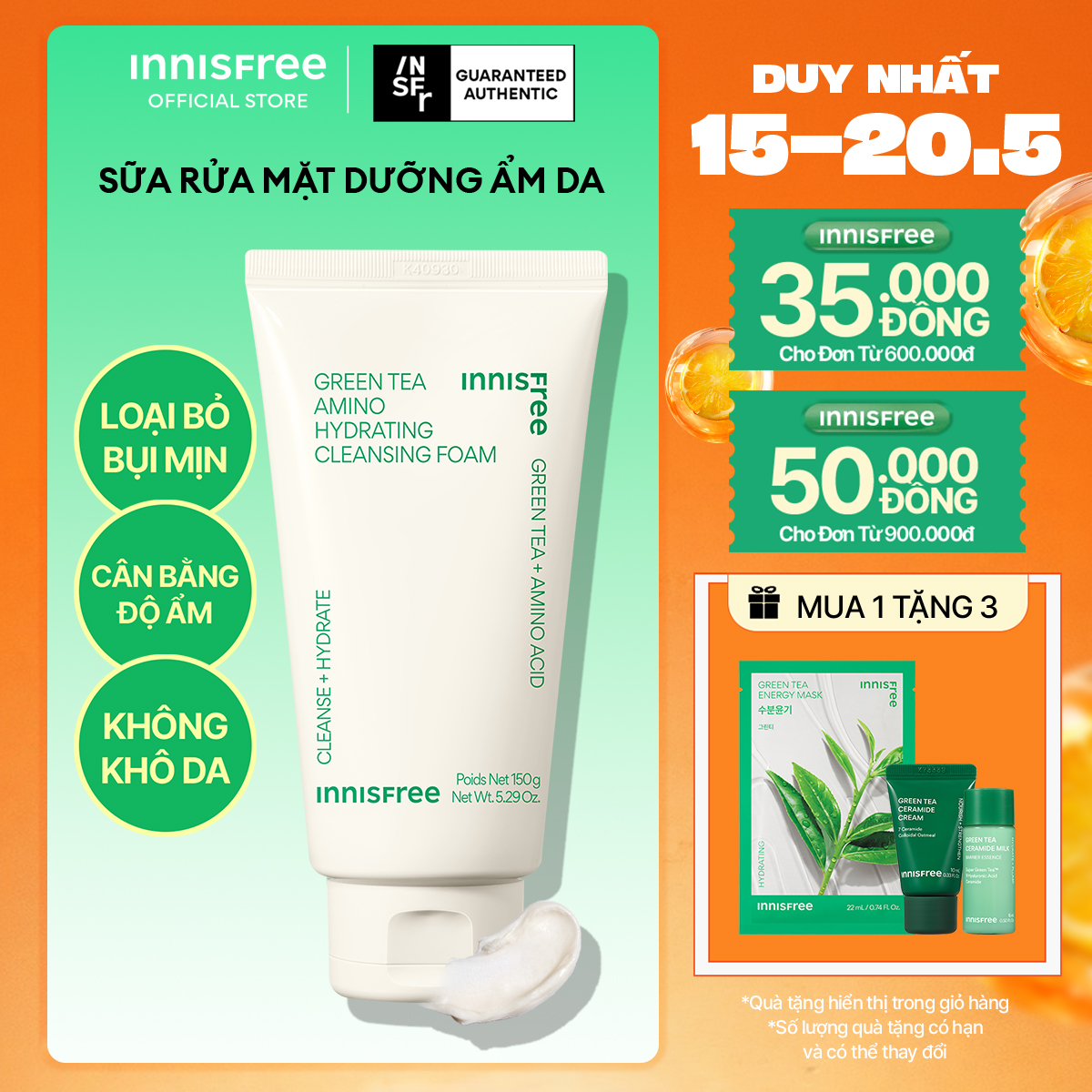 Sữa rửa mặt trà xanh sạch sâu ẩm mịn INNISFREE Green Tea Amino Cleansing Foam 150g
