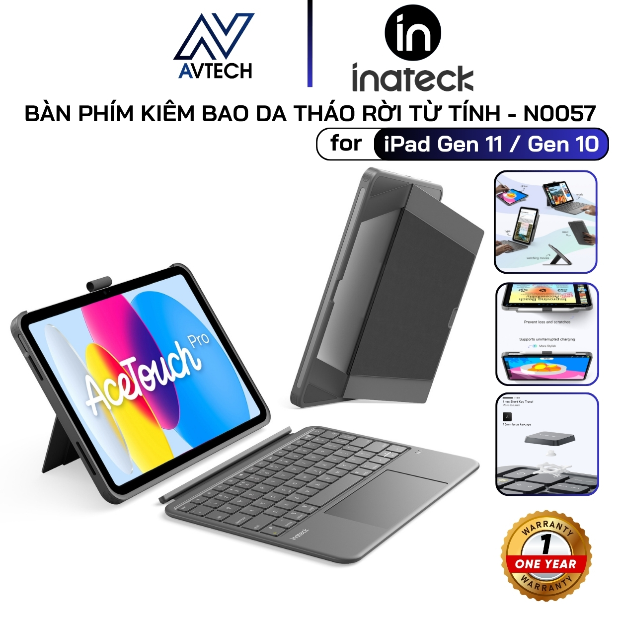 Bàn phím kiêm bao da cho iPag Gen 11 (A16) / Gen 10, Inateck N0057 AceTouch Pro, Touchpad 5.1 Inch, Nam Châm Tách Rời