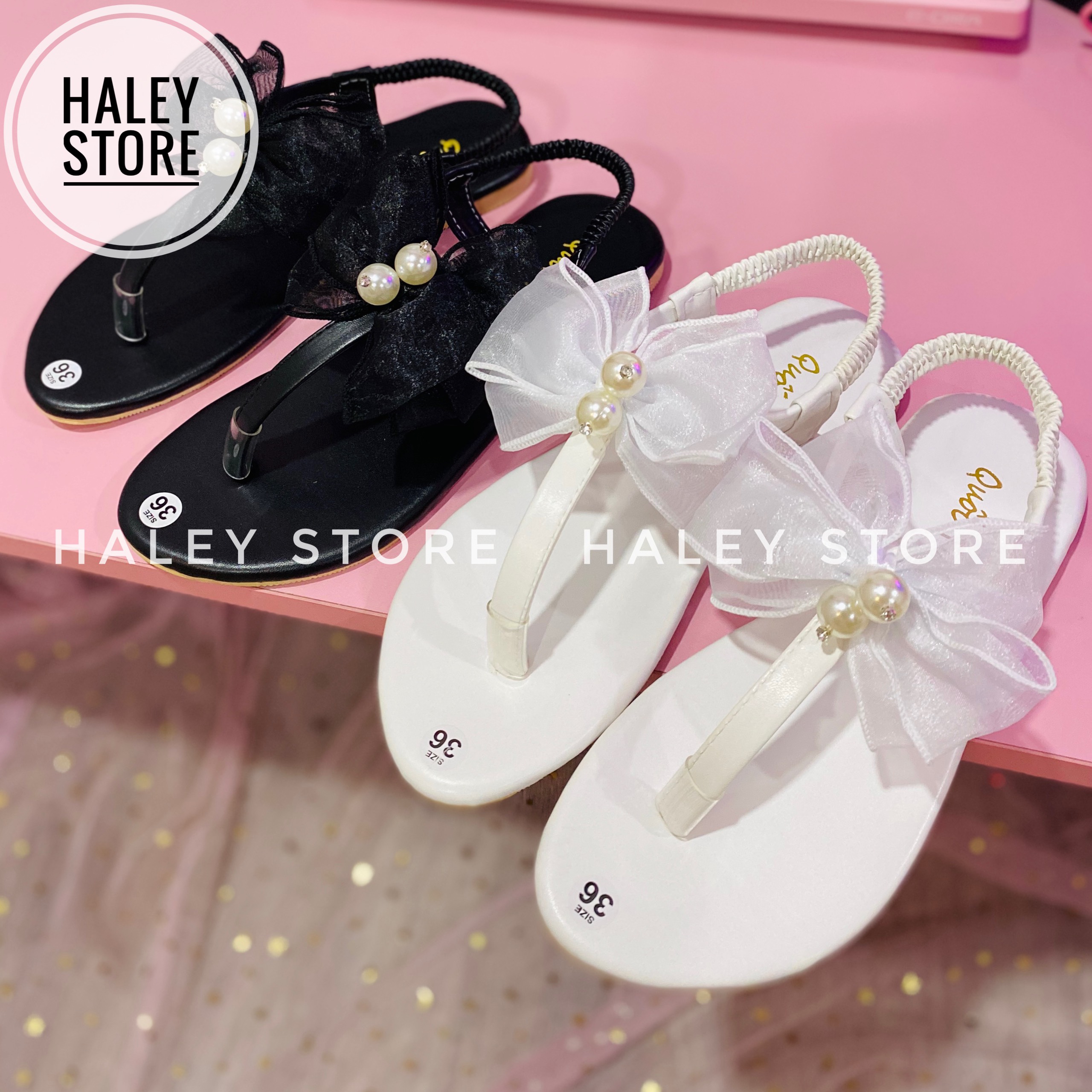 [HCM]Giày sandal bệt nữ đính nơ ngọc dây quai mảnh chữ T quai hậu co giãn đi chơi đi học đi làm đi biển HALEY STORE