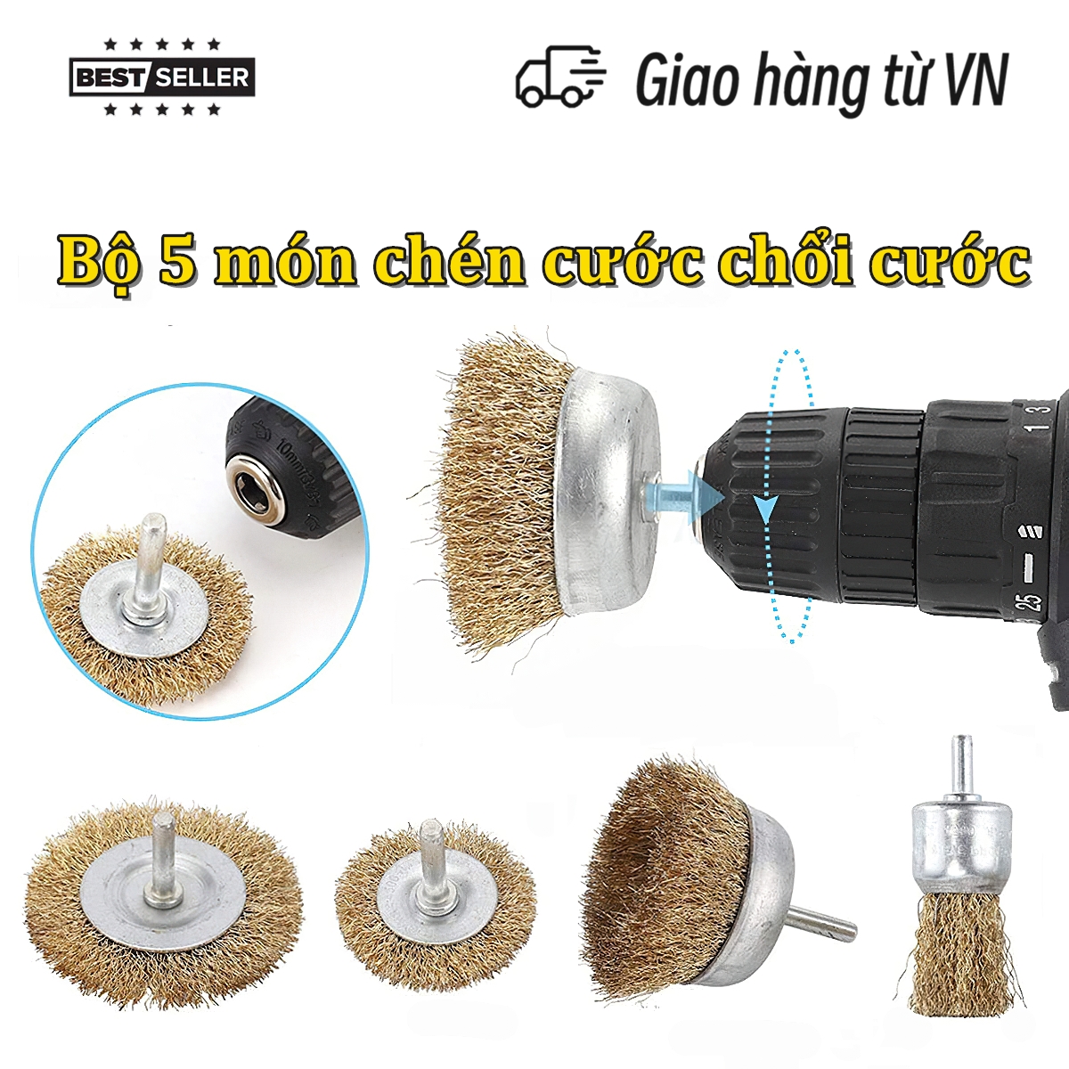 Bộ chổi đánh cước 5 chi tiết trục 6mm gắn máy khoan cầm tay