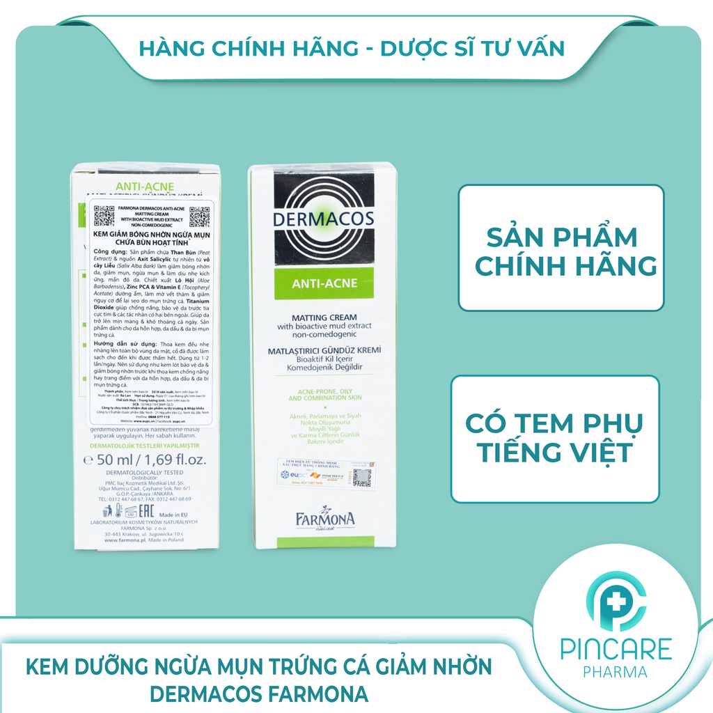Kem Dưỡng Farmona Dermacos Anti Acne Matting Cream 50ml Giảm Bóng Nhờn Ngừa Mụn - Nhà Thu.Ốc Pincare