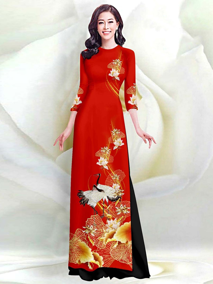 Áo dài lụa in 3D họa tiết sen và chim hạc AD012 - Khánh Linh style - Lady Fashion