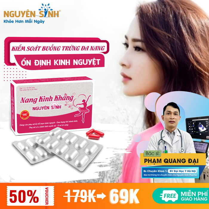 Nang Kinh Khang Nguyên Sinh, thực phẩm chức năng giúp cân bằng nội tiết tố nữ, điều hòa kinh nguyệt, hỗ trợ người bị u vú lành tính, vỉ 3 hộp x 10 viên DNS-NKK01