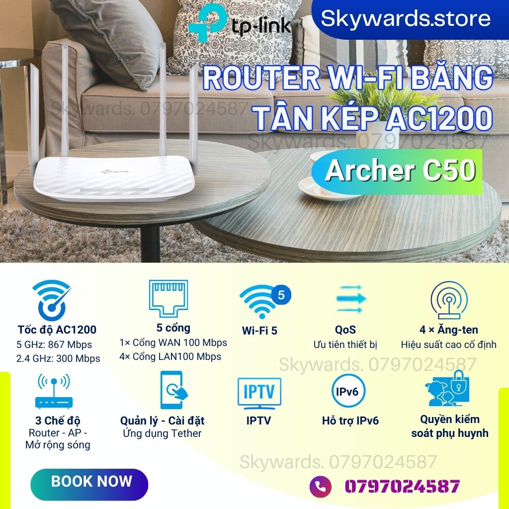 Bộ Phát Wifi ( Router ) TP-Link Archer C50 Chuẩn AC 1200Mbps _SKYWARDS.STORE