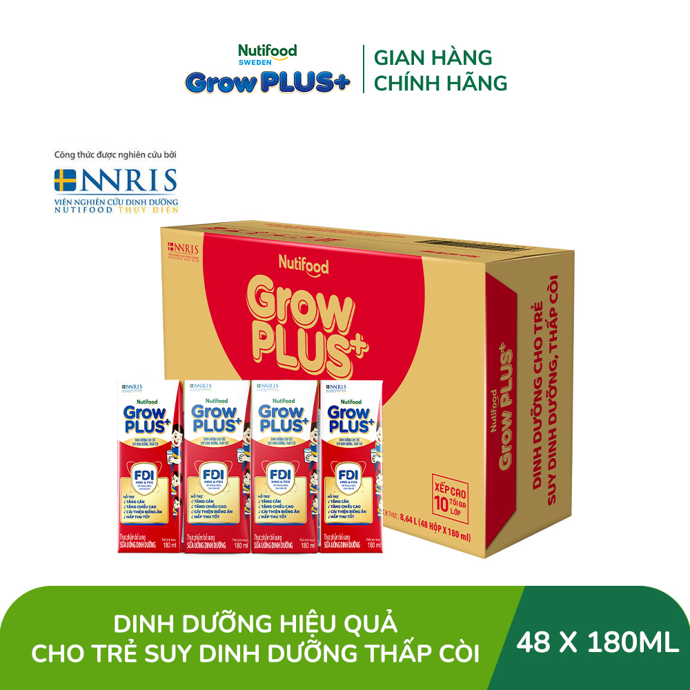 Thùng Sữa Nước Pha Sẵn Nutifood GrowPLUS+ Suy Dinh Dưỡng - Hỗ Trợ Tăng Cân, Tăng Chiều Cao - Trên 1 tuổi -  (48 Hộp x 180ml) (Bao bì tùy đợt nhập hàng)