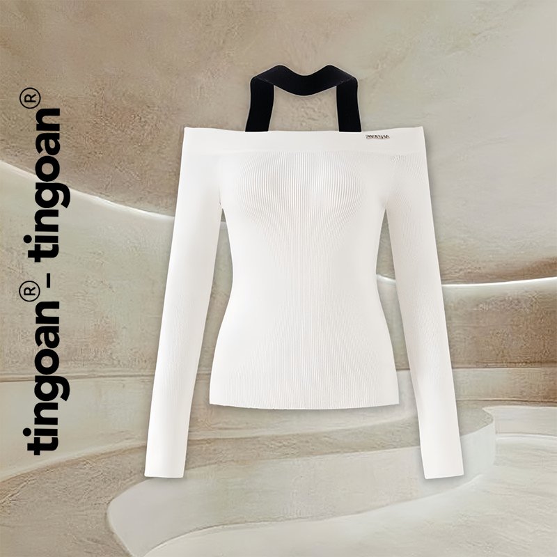 Tingoan® - áo trễ vai len trắng đính logo dây đen choker top/ wh -- bl