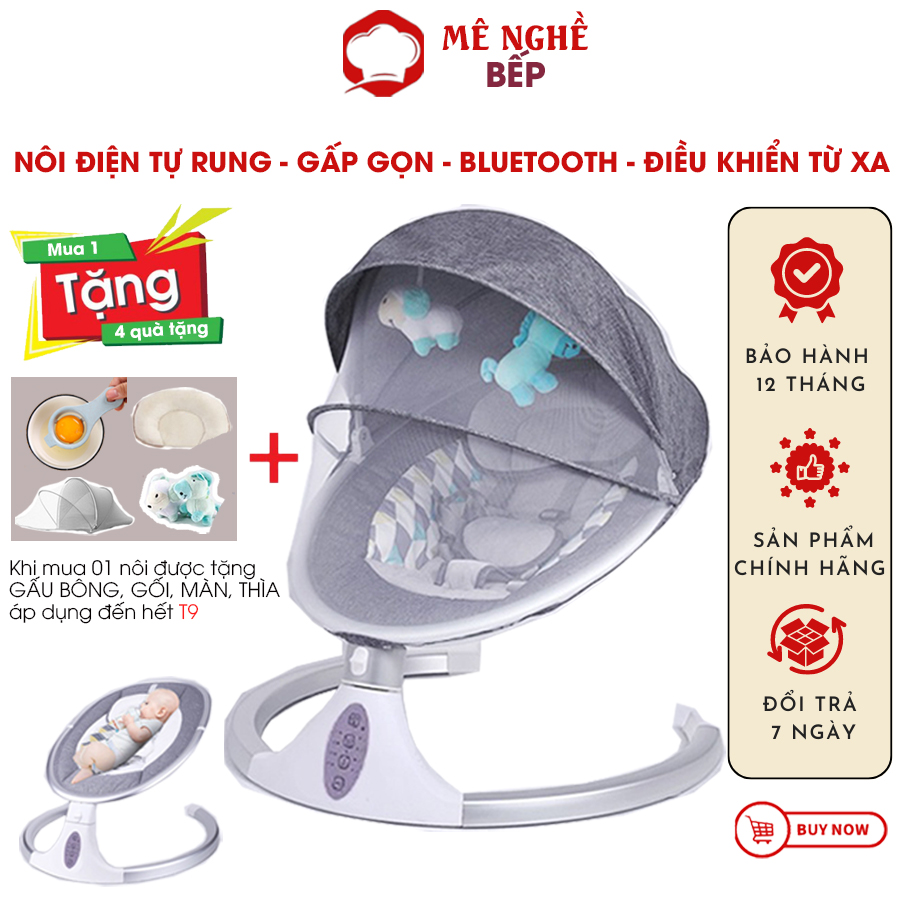 Nôi điện cho bé sơ sinh, ghế rung cho bé tự động điều khiển từ xa, phát nhạc,rung, xoay tự động 360 bh 12tháng